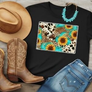 Sunflower Cowprint Leopard Western Tee • Boho Cowgirl Graphic Shirt Turquoise